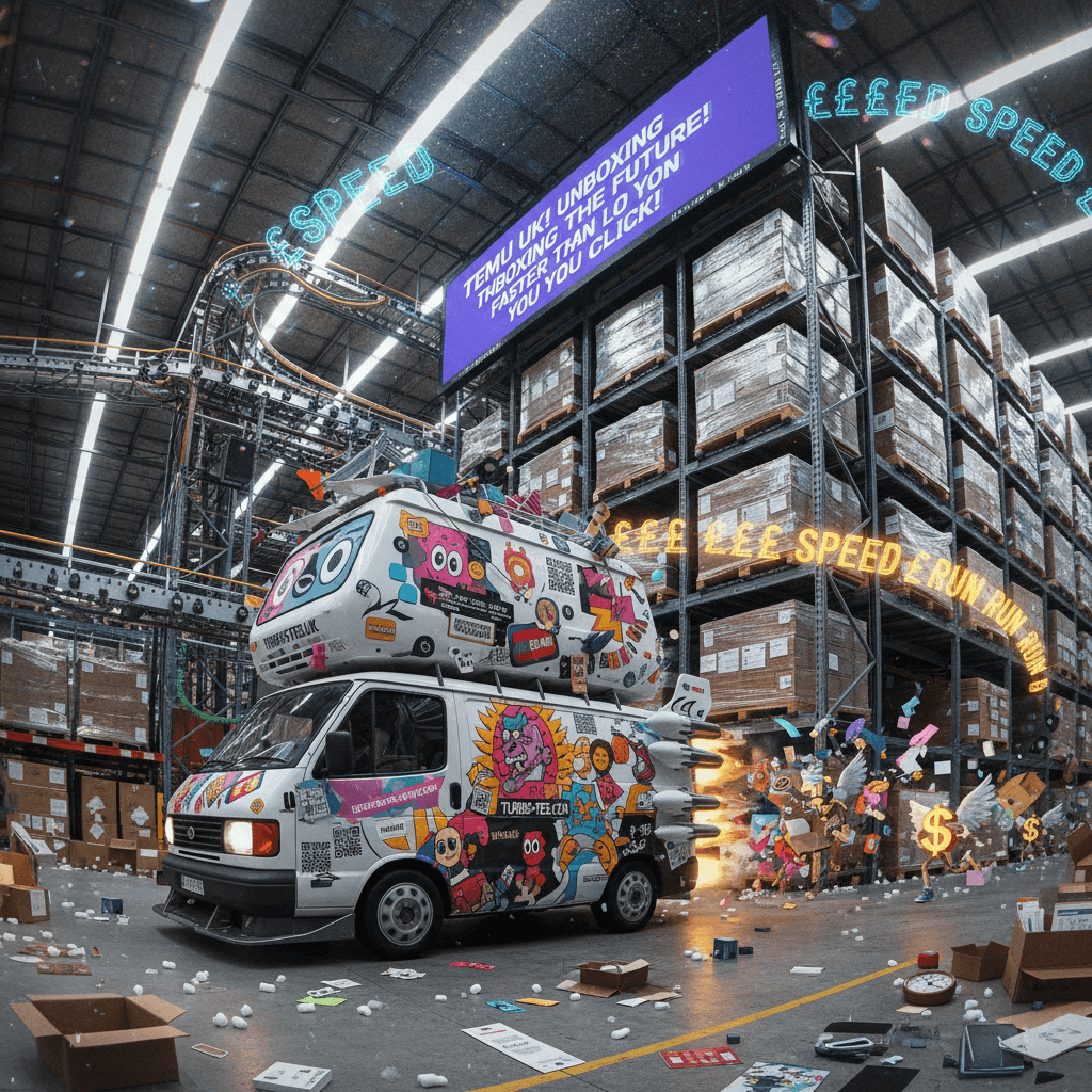 TEMU UK warehouse moment: peak capitalism speedrun with gratuitous van graphics