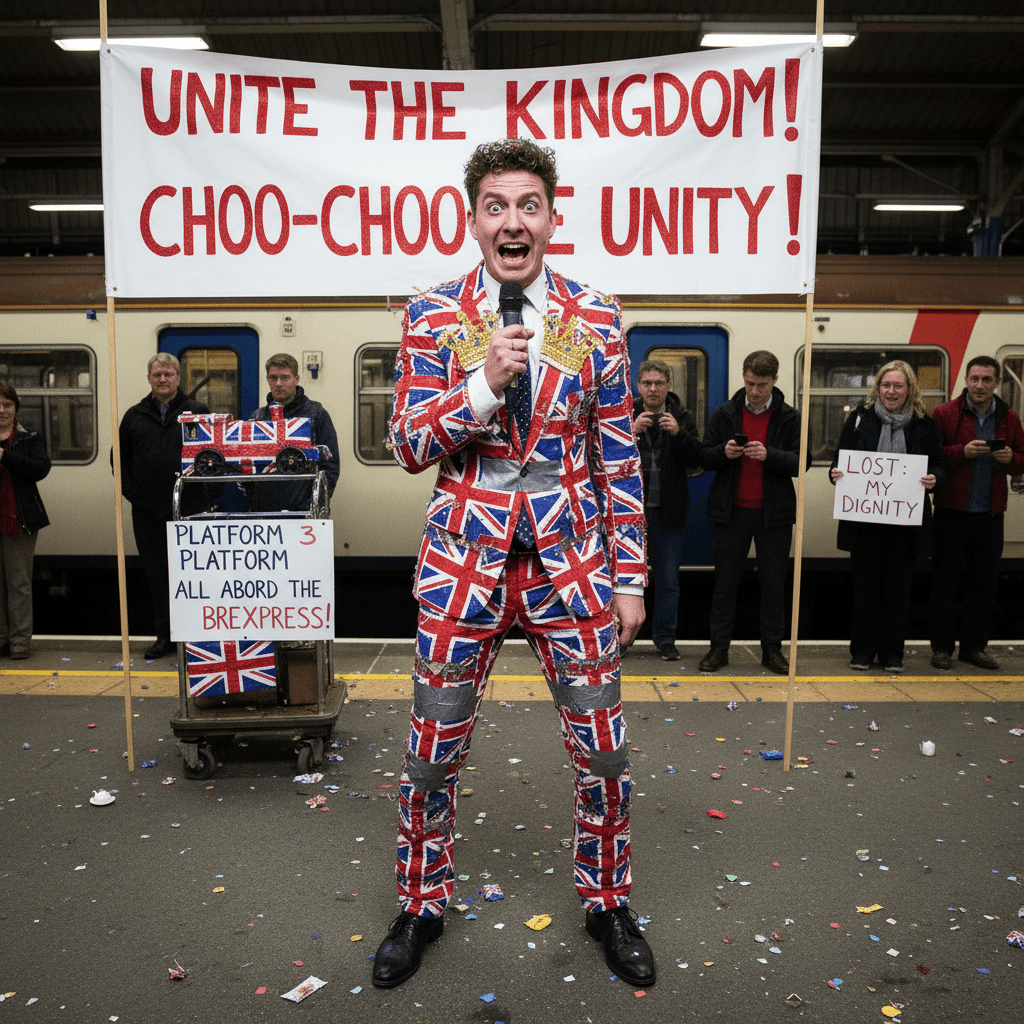 Union Jack suit guy unites the kingdom at platform 3