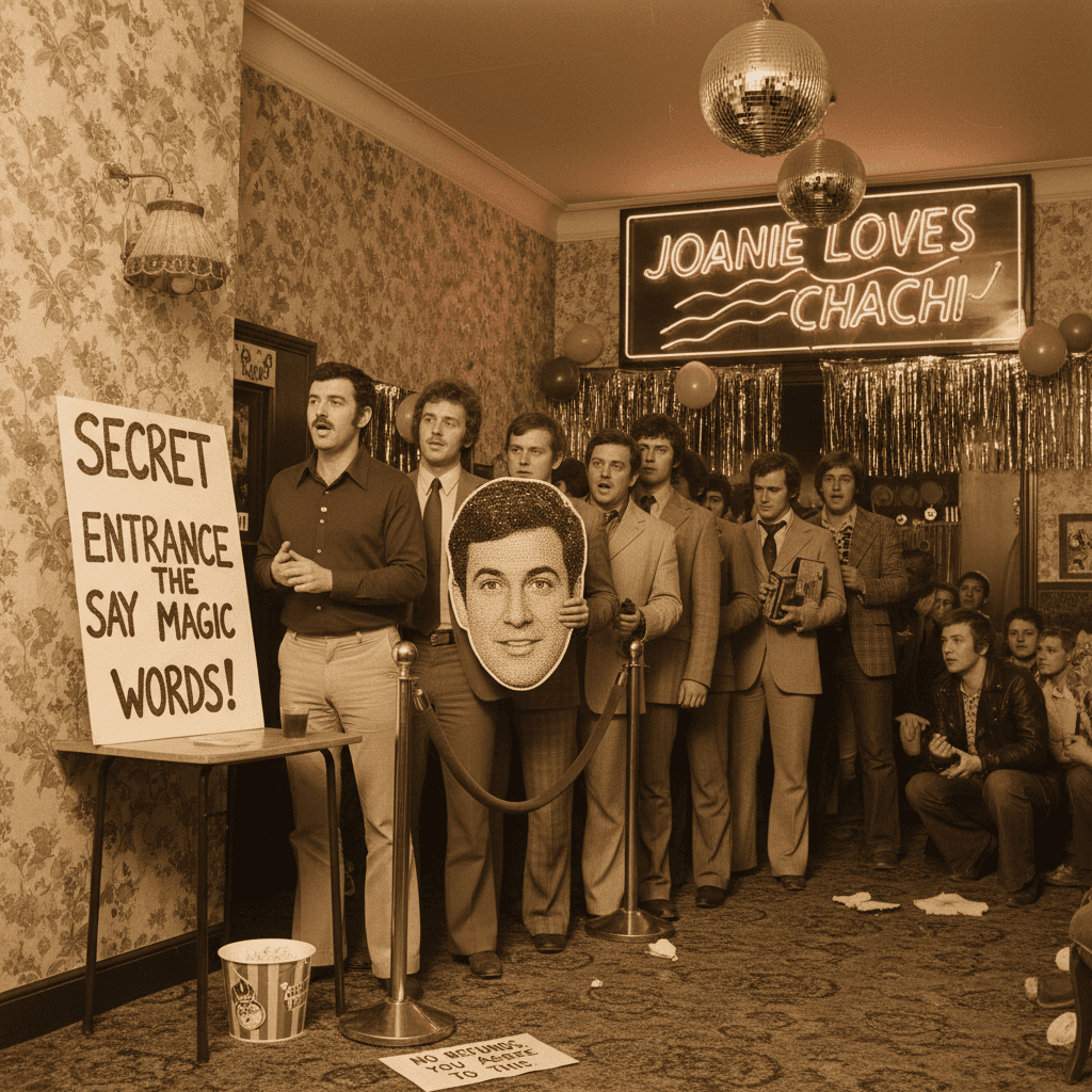 1978 Worthing cinema club where the password is 'Joaniel Loves Chachi'