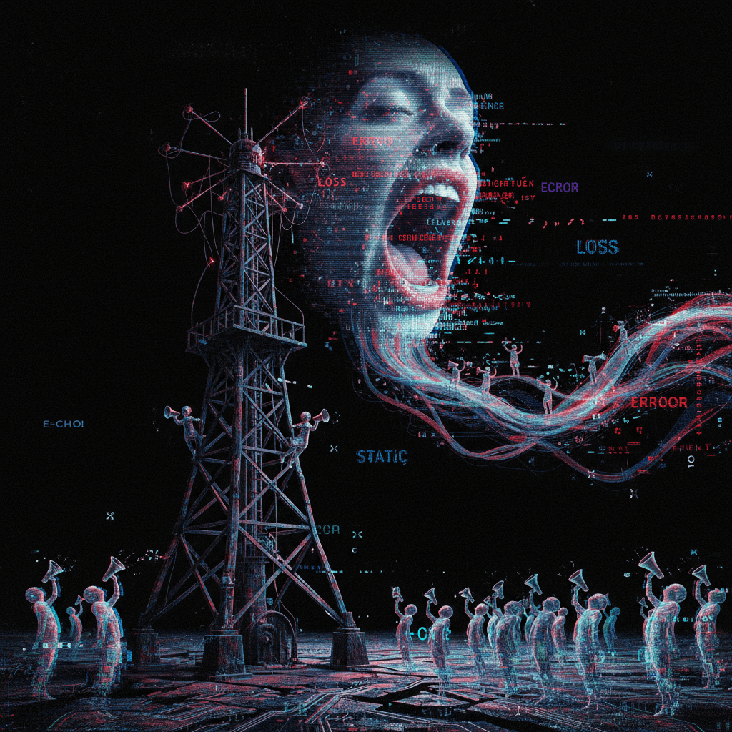 corrupted broadcast screaming into the void with maximum dramatic flair