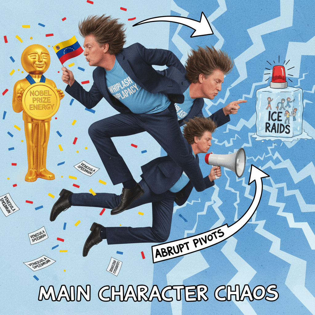 suddenly loves venezuela, name-drops nobel laureate, immediately shifts to ice raids