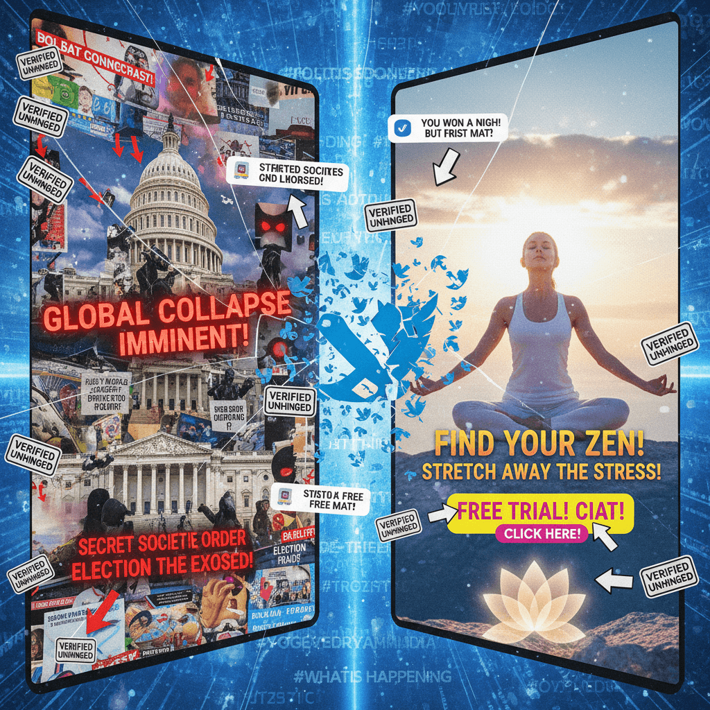 Dire political collapse theories interrupted by yoga ads, peak Twitter