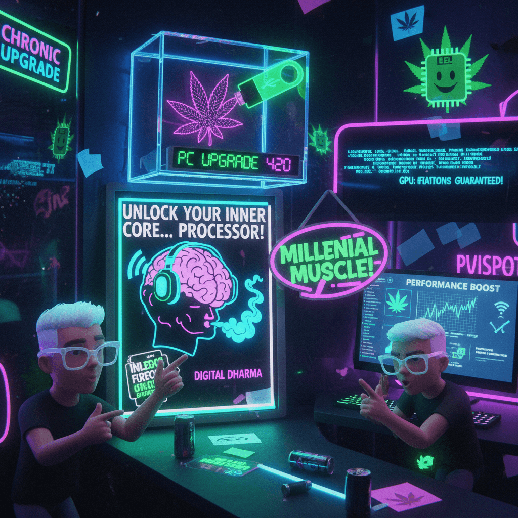 cannabis USB drive marketing as PC upgrade, peak millennial cringe