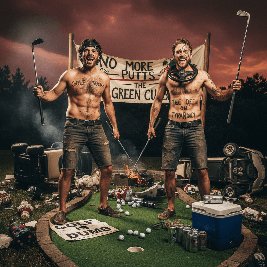 Two guys really committed to the golf hate agenda, shirtless consequences included