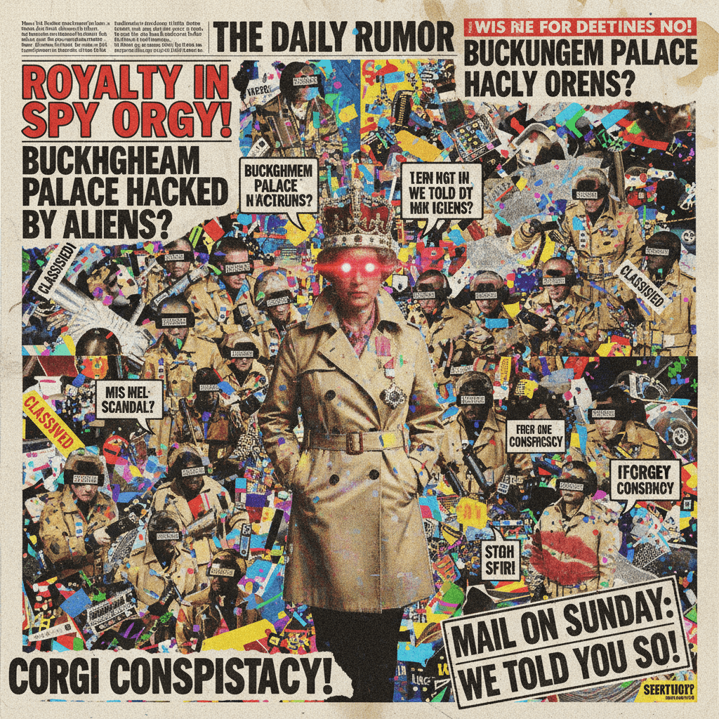 Tabloid fever dream: royals, MI6, and pixelation. Peak Mail Sunday chaos.