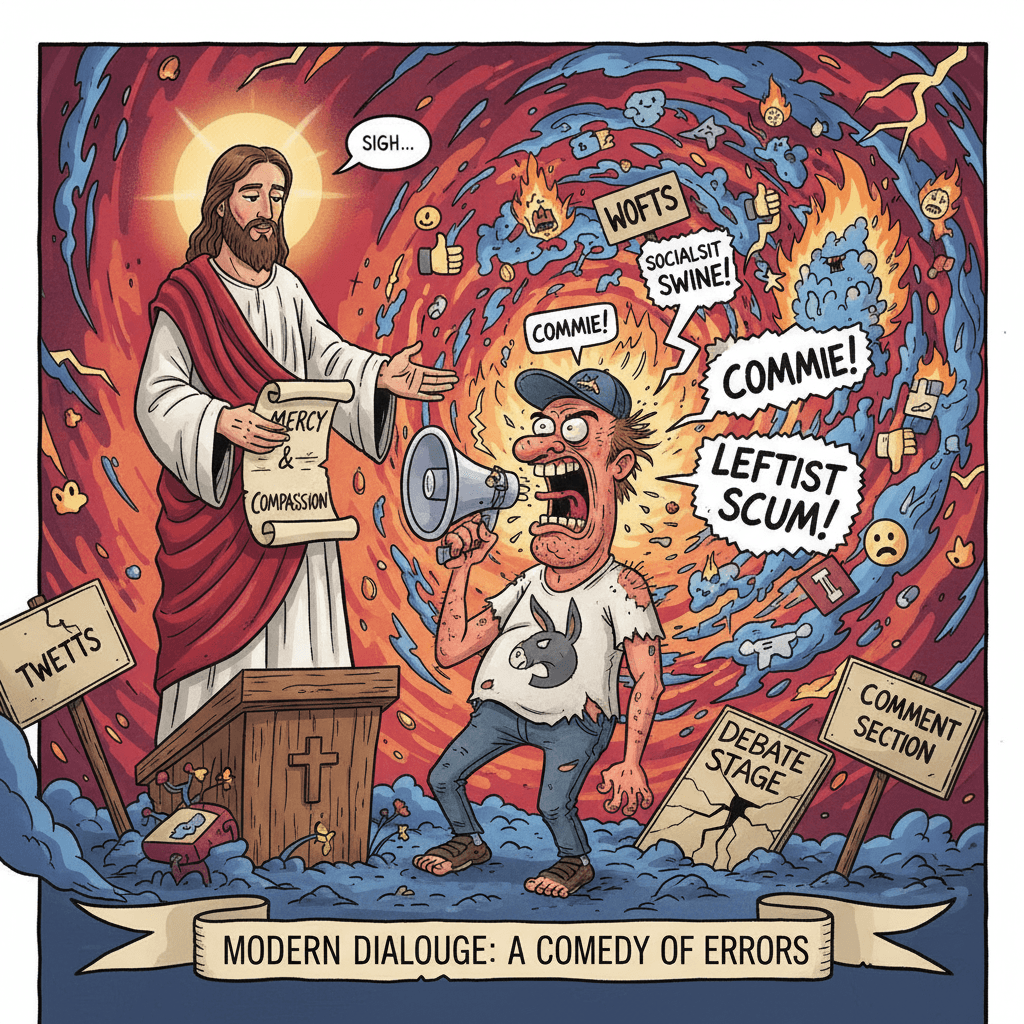 Jesus preaches mercy, guy screams leftist—peak discourse energy