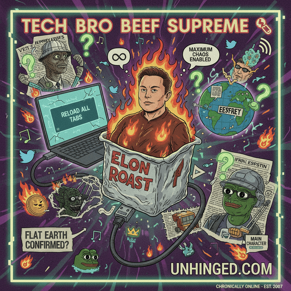 Elon roast wrapped in Epstein conspiracy; unhinged energy maximum