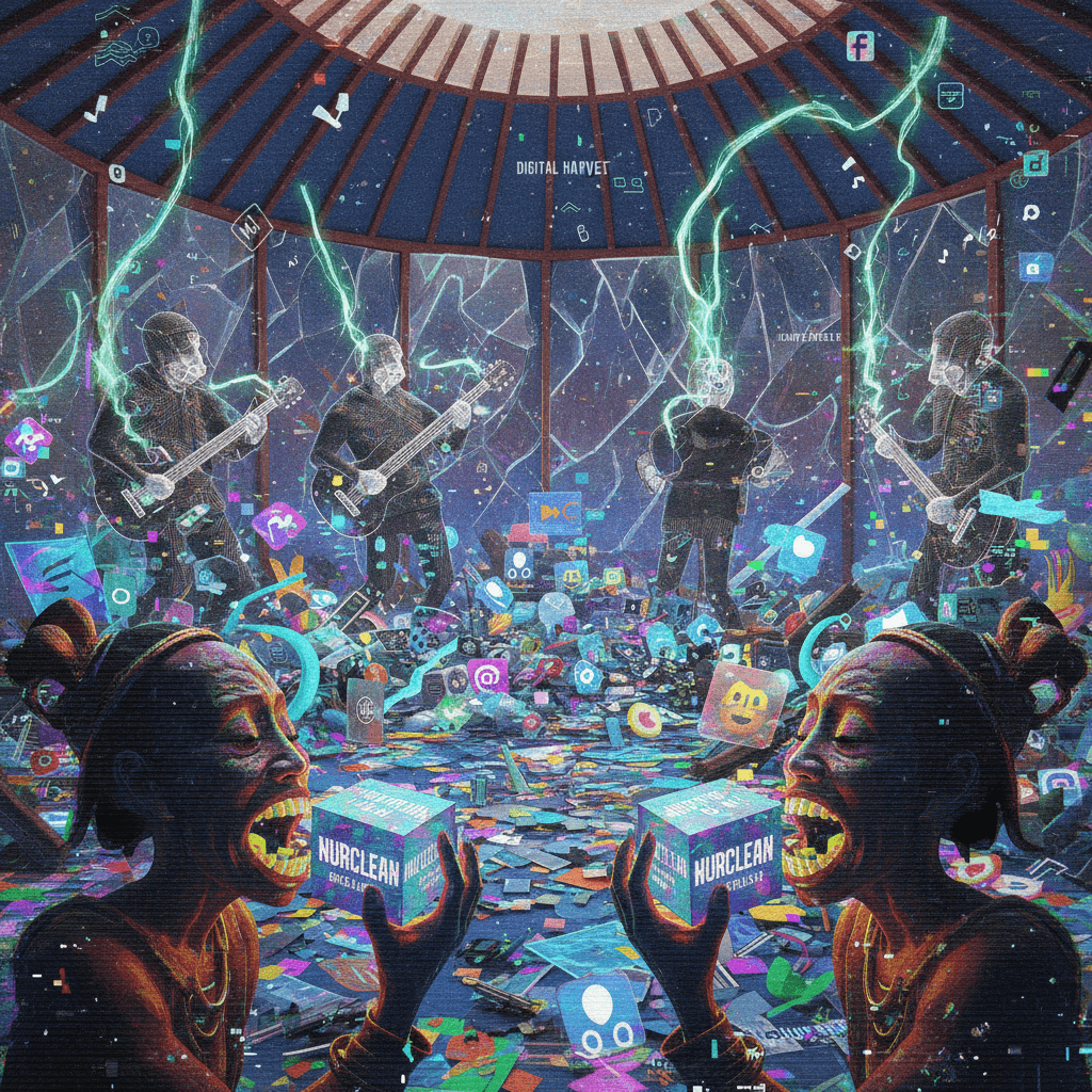 ancestors eating nurclean while band scratches glass in a yurt full of garbage