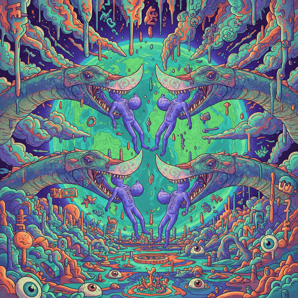 moon-pez munching reptiles consume cattrala while earth rains chemical confusion