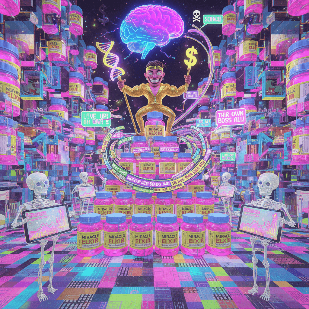 Peak supplement scam energy meets fever dream neon hellscape