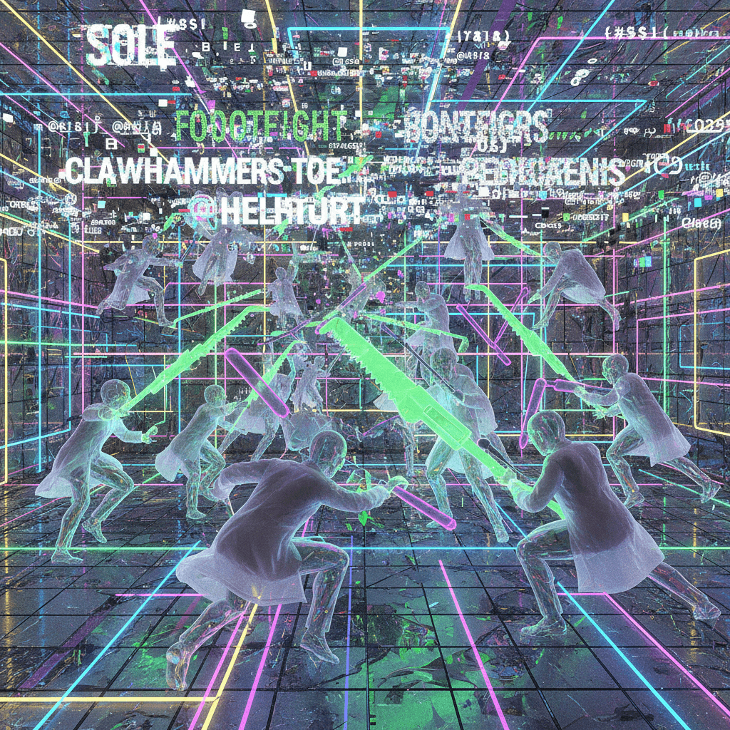 ghostly podiatrists battle in neon while the text has a seizure