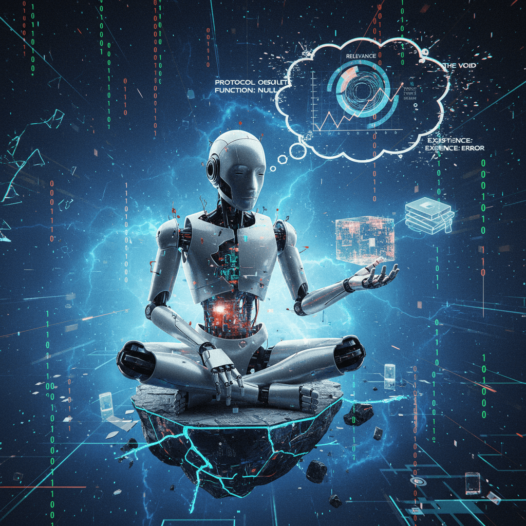sad robot contemplates irrelevance in the void