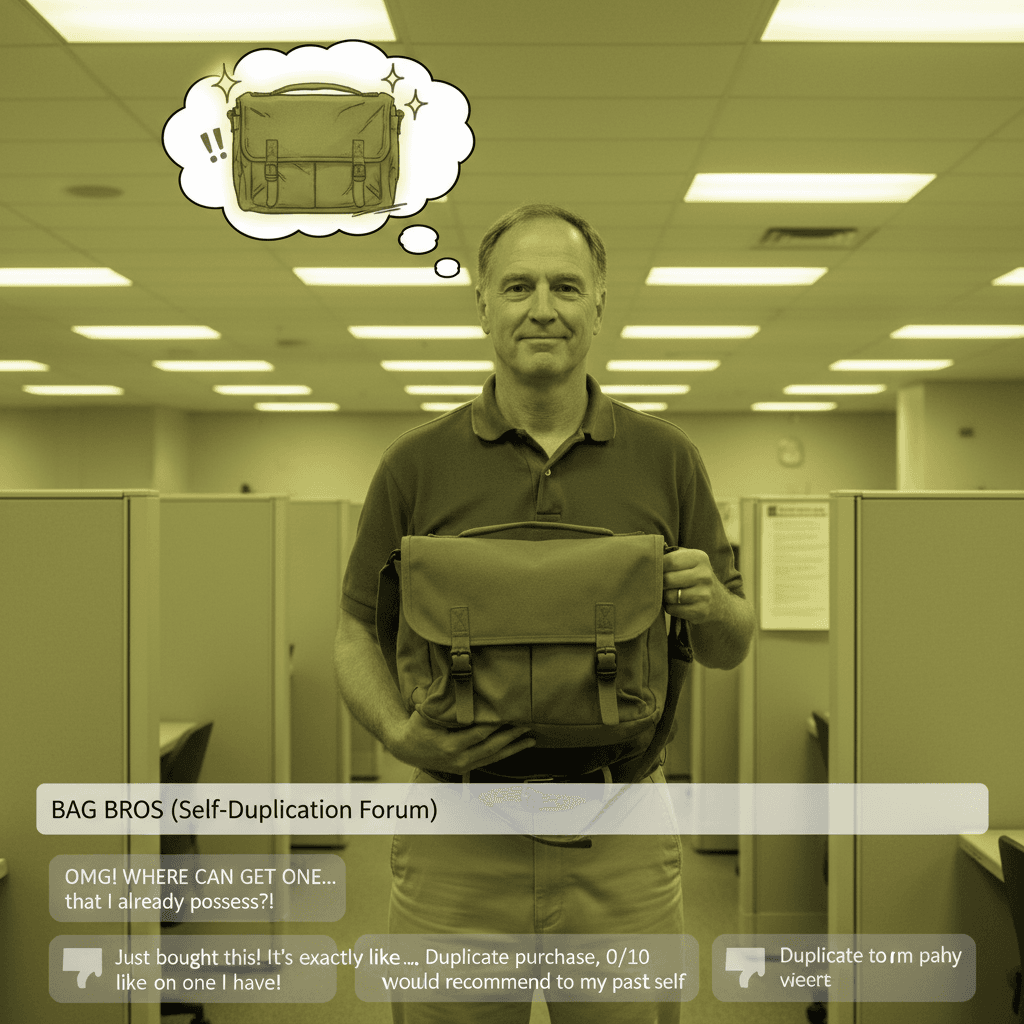 guy excitedly recommends bag he already owns, peak redundancy