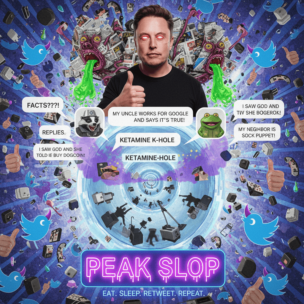 fake news + elon validation + ketamine k-hole neighbor sex = peak slop