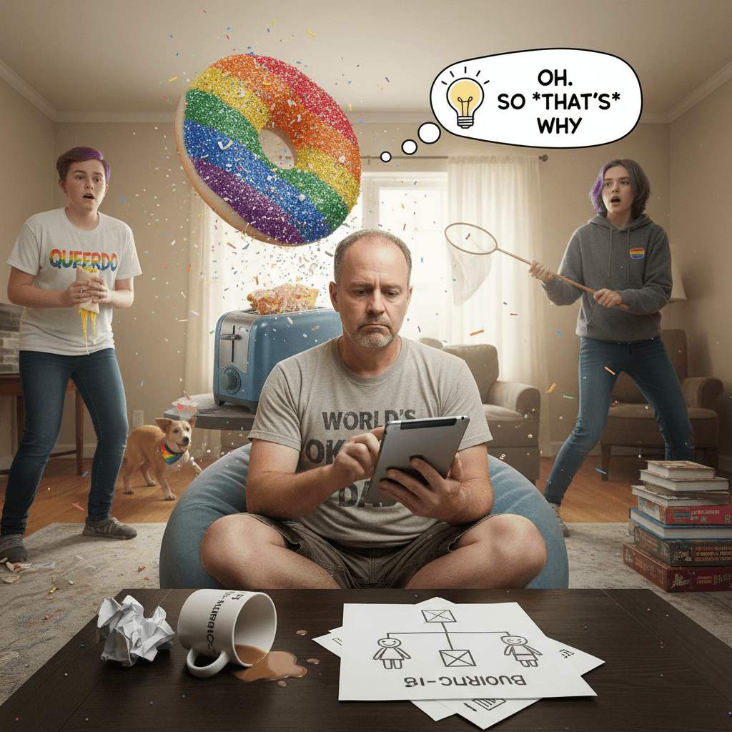 Dad casually reveals he's also bi while checking emails—peak parenting