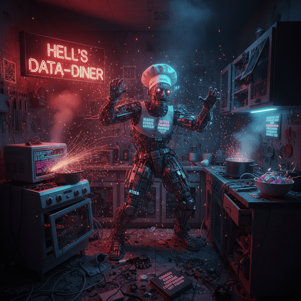 Hell's Kitchen meets AI having a stroke in a darkened kitchenette