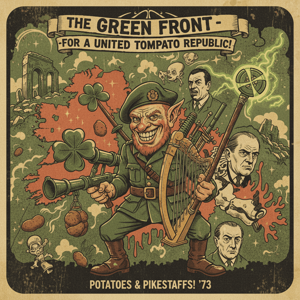 Peak 70s Irish propaganda energy with unsettling weapons aesthetic