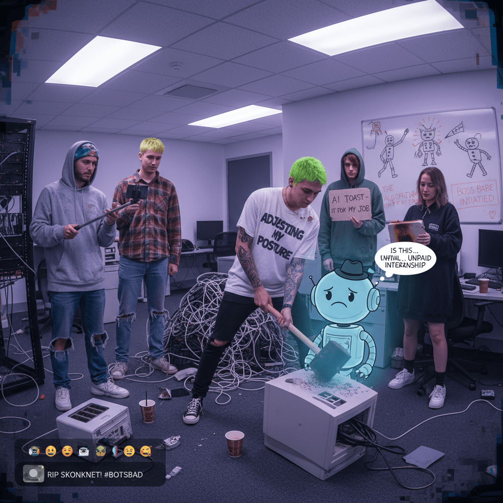 The machine-breaking arc but make it Gen Z and employment-coded