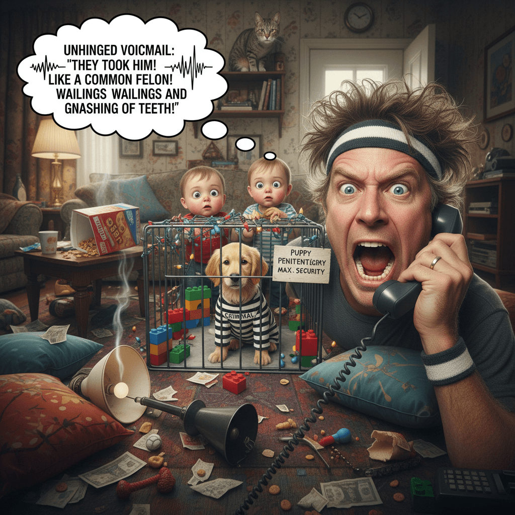 Dad's having a breakdown because someone caged the puppy like a criminal