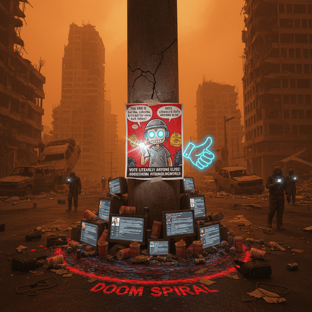 world's falling apart, poster just vibing in the wreckage