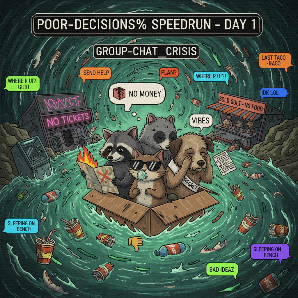 no tickets, no food, no money, no plan—just vibes and regret