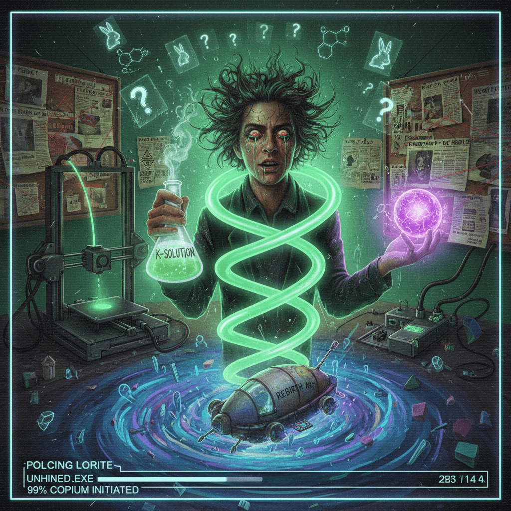 research spiral -> drug spiral -> existential rebirth arc