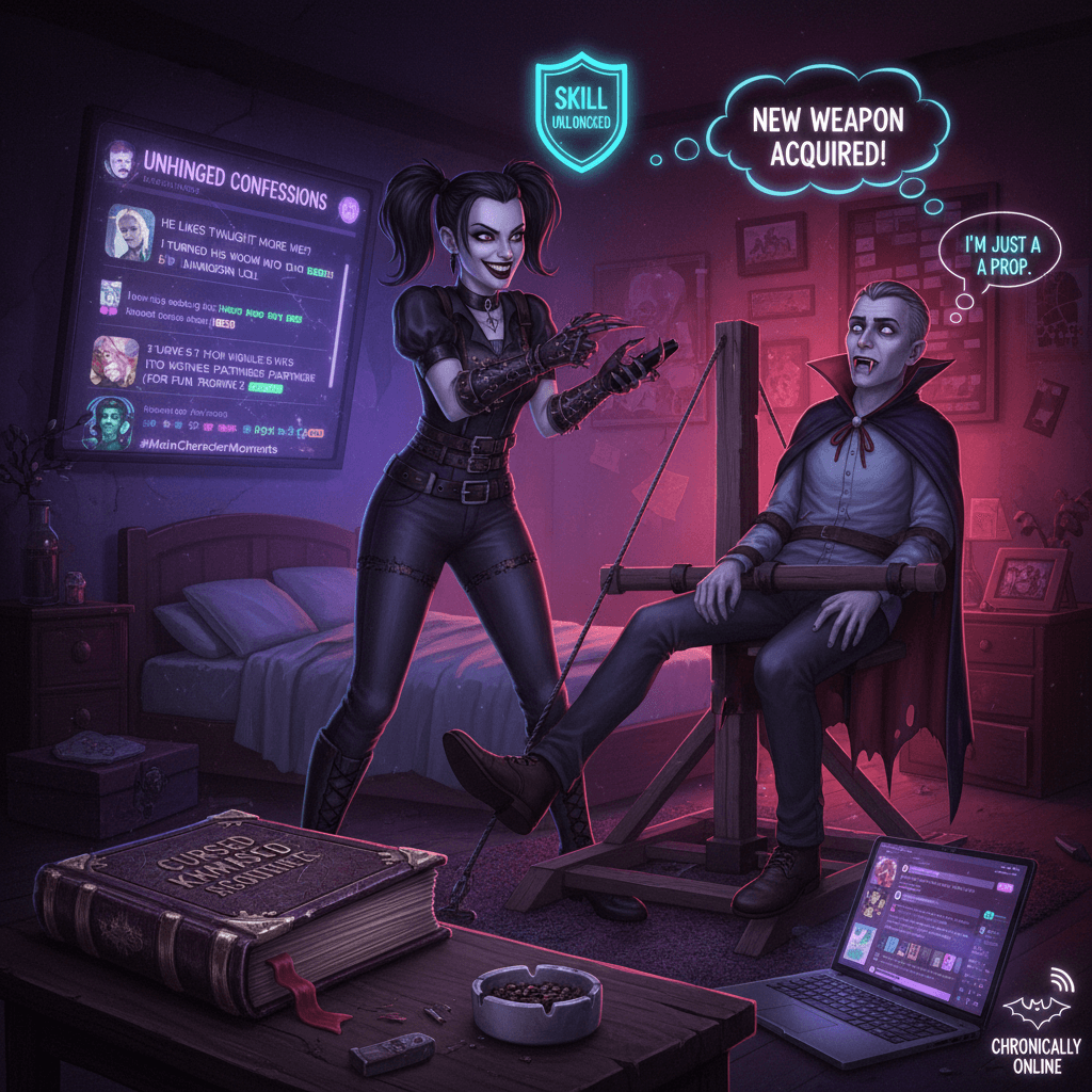 Goth girlfriend unlocks new skill: weaponizing boyfriend for roleplay