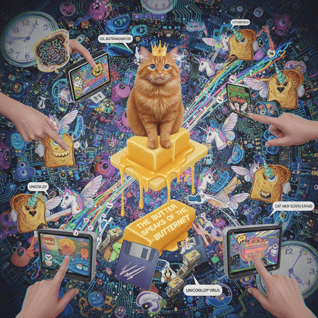 cat memes + butter logic + unicorn downloads = unhinged fever dream
