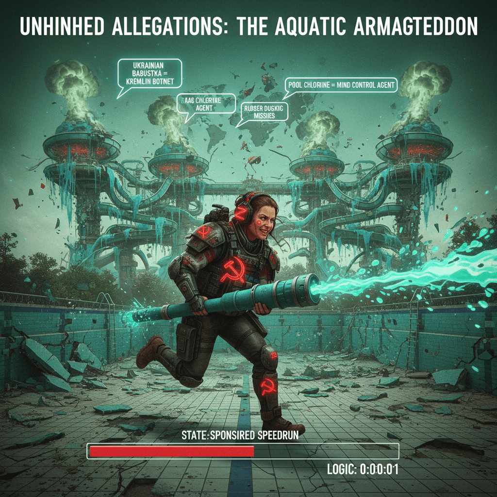 Ukrainian woman = Russian state actor, pools = WMDs, logic = speedrunning