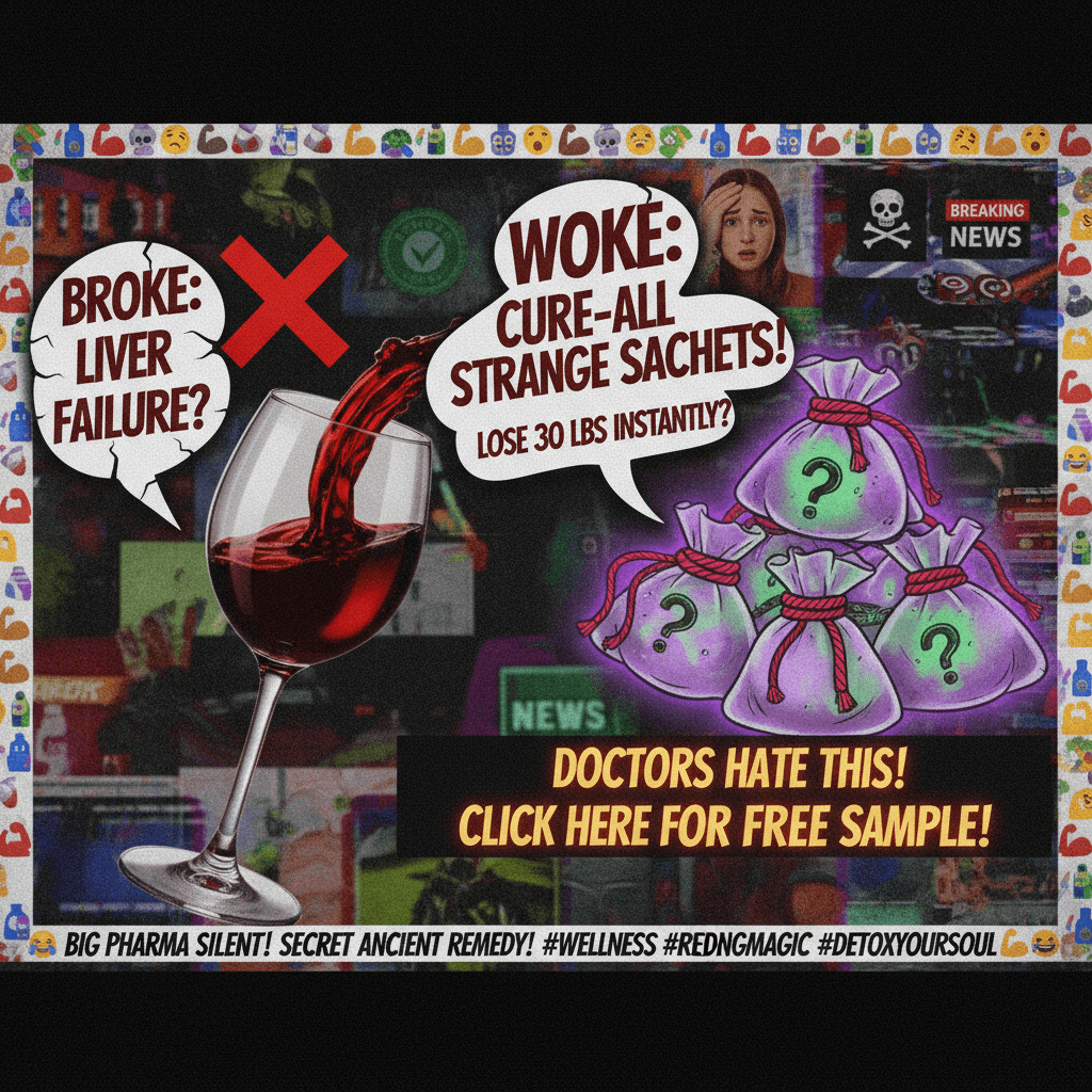 broke: alcohol. woke: mysterious bags with red strings, apparently