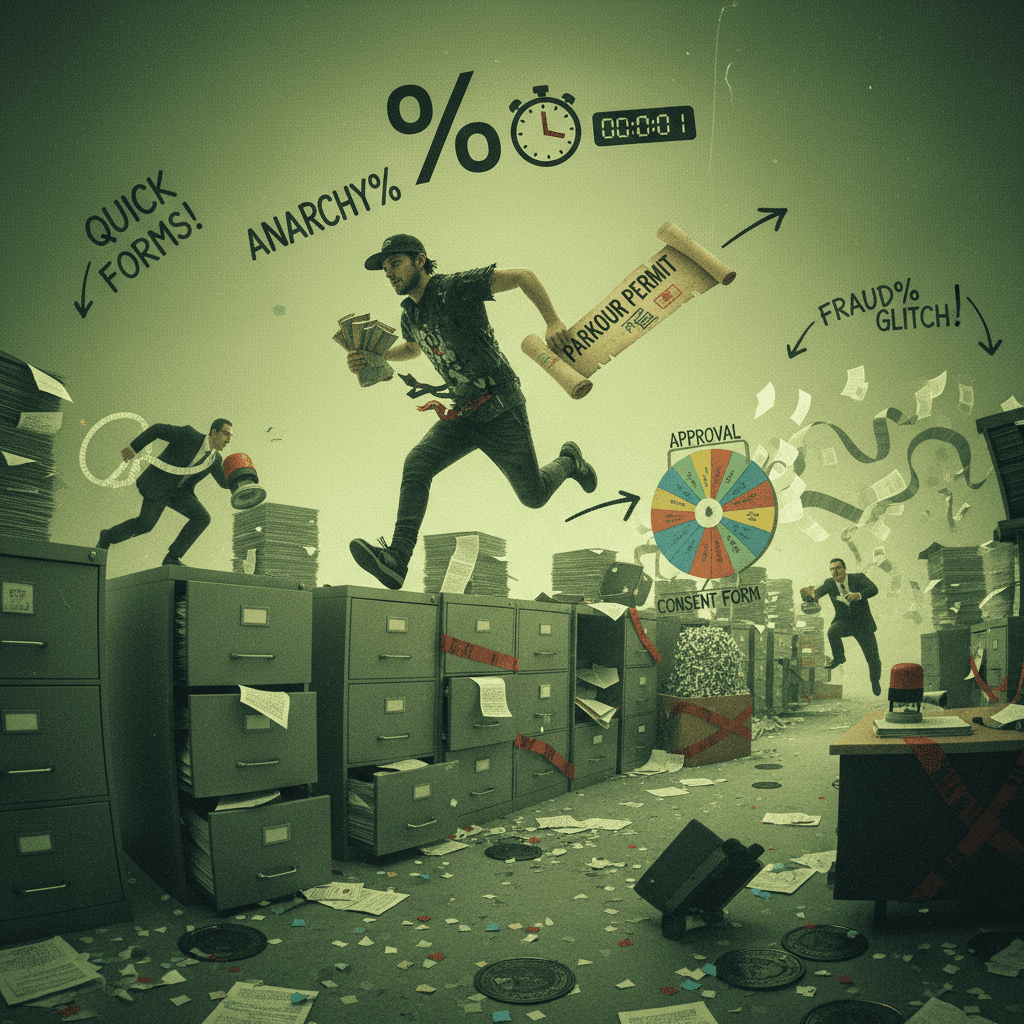 Anarchy% WR attempt: speedrunning fraud with fake docs & parkour permits