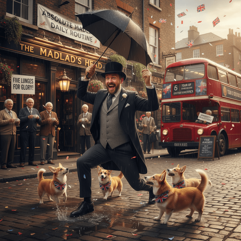 Peak British self-parody: five lunges and umbrella twirling equals absolute madlad energy