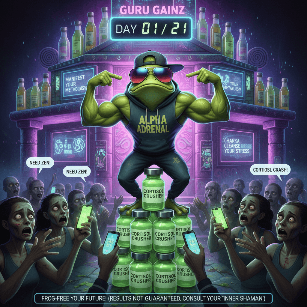 Angry frog promises cortisol salvation in 21 days, probably scam