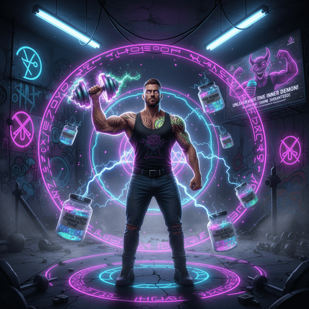 Quantum gains: when bro-science meets actual magic in a neon fever dream