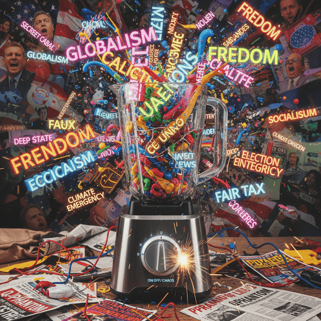 random political buzzwords in a blender, set to chaos mode