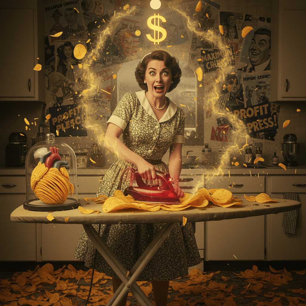 woman irons potato chips because capitalism demands maximum crispness