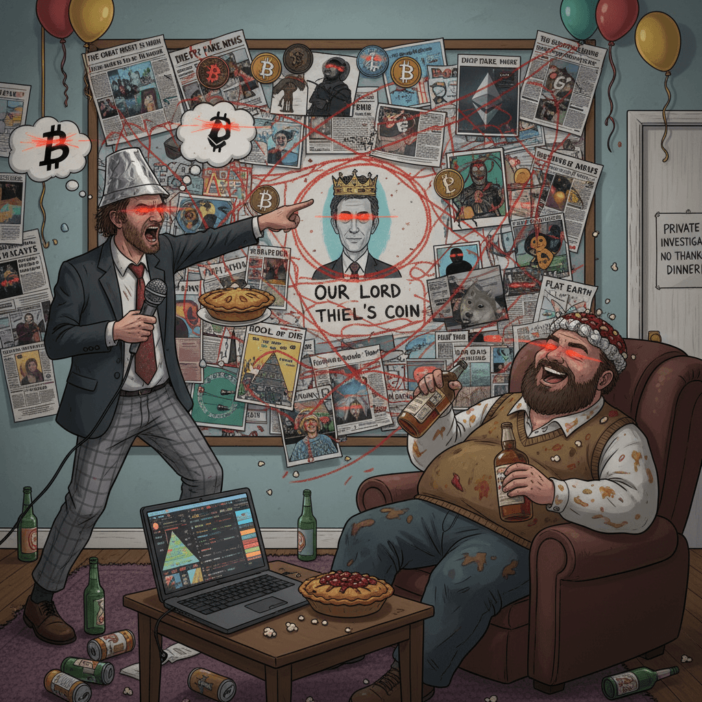 unhinged crypto trader's conspiracy board meets drunk uncle at thanksgiving