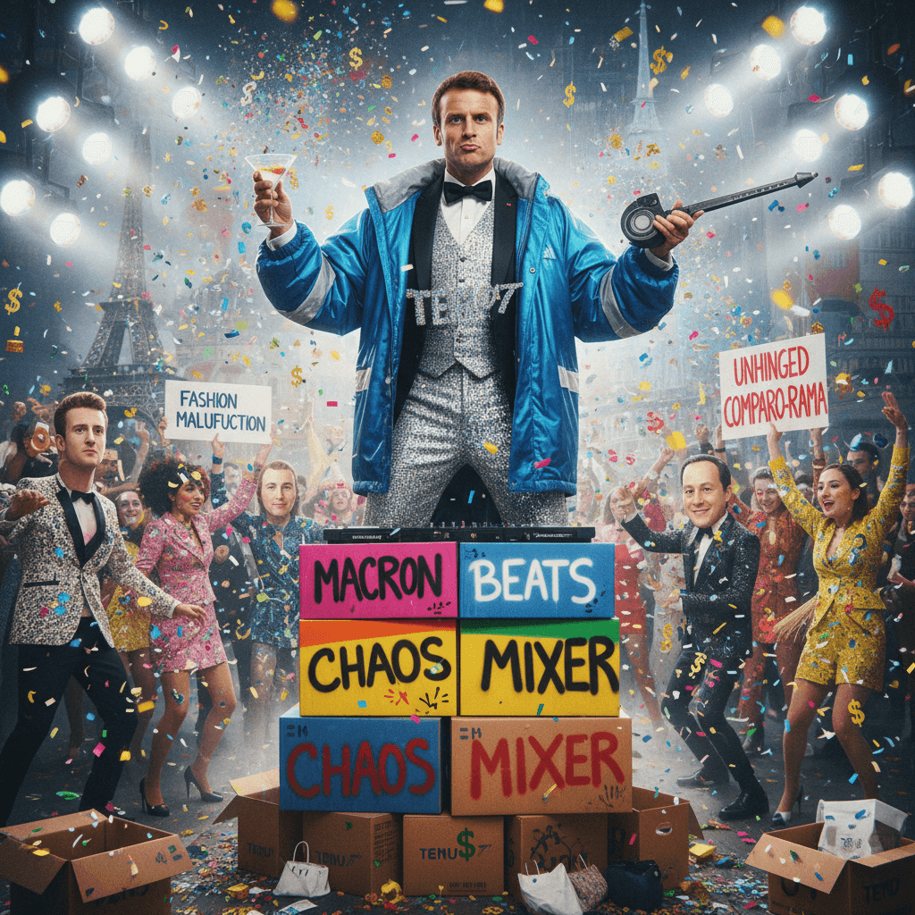 Macron as a Temu James Bond Zoolander DJ: pure unfiltered chaos