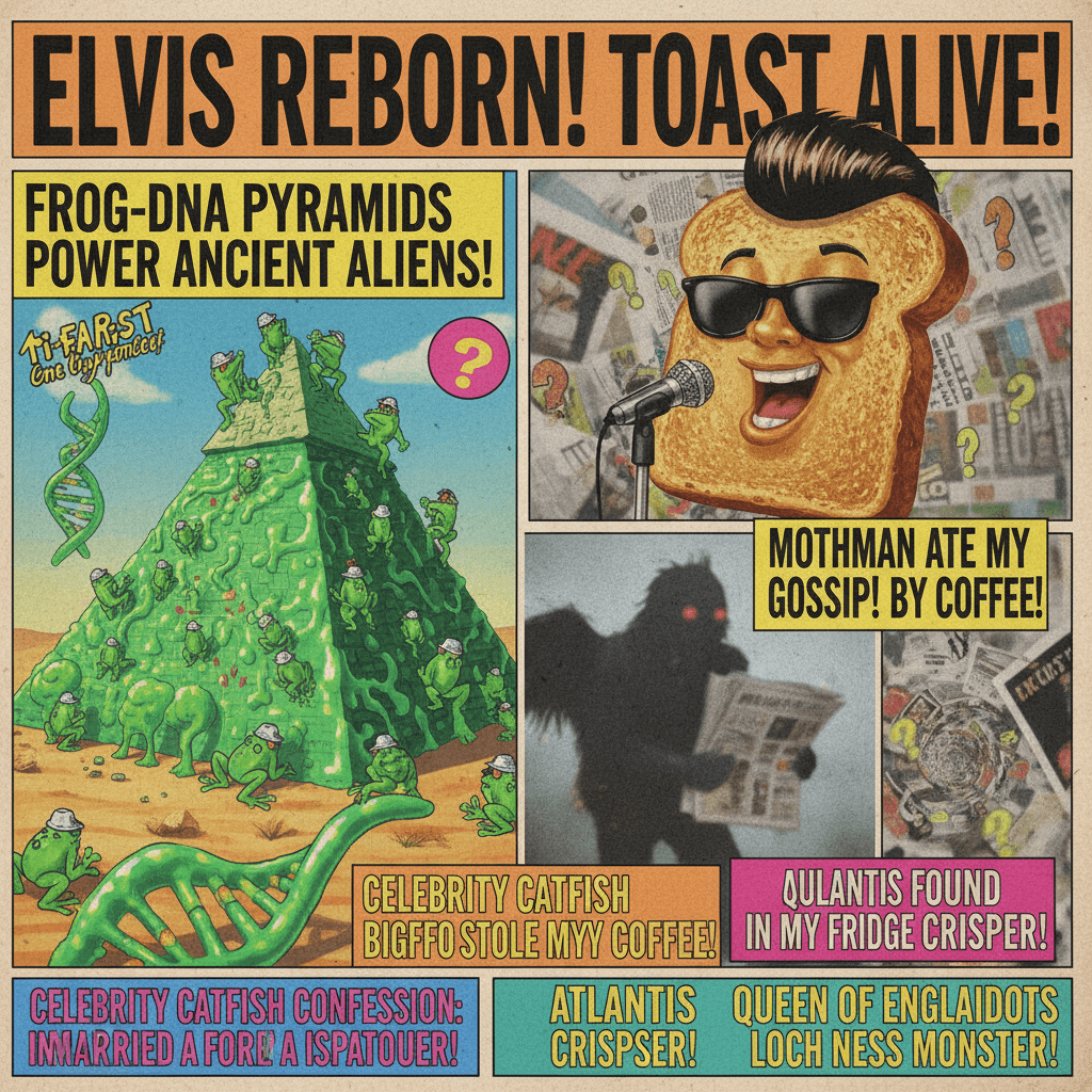 Frog DNA pyramids & Elvis toast: peak tabloid madness with zero coherence