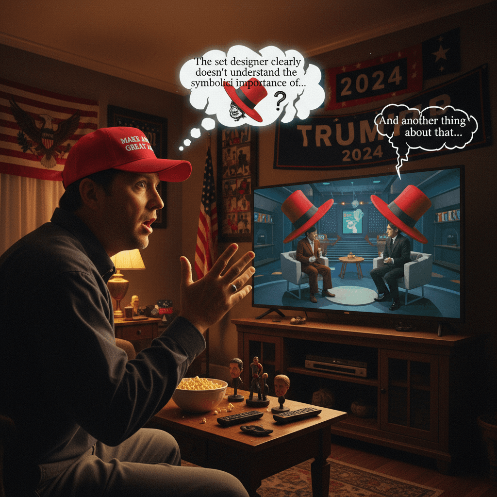 guy watches show, has thoughts about hat placement, stops mid-sentence