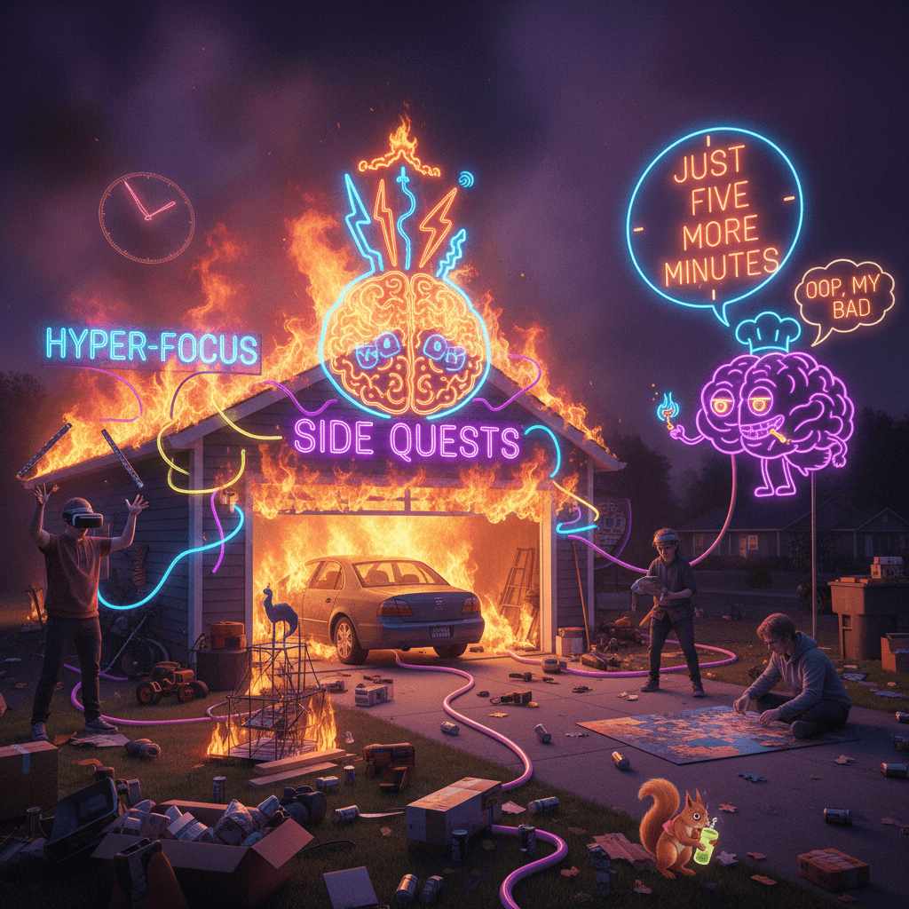 ADHD garage burns down, literalizes 'brain on fire' as neon sign watches