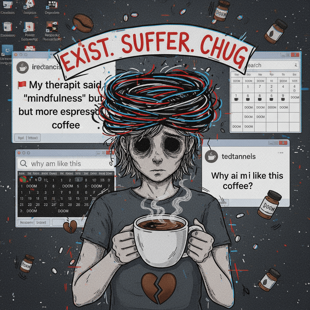 live laugh love but make it existentially devastating and caffeinated