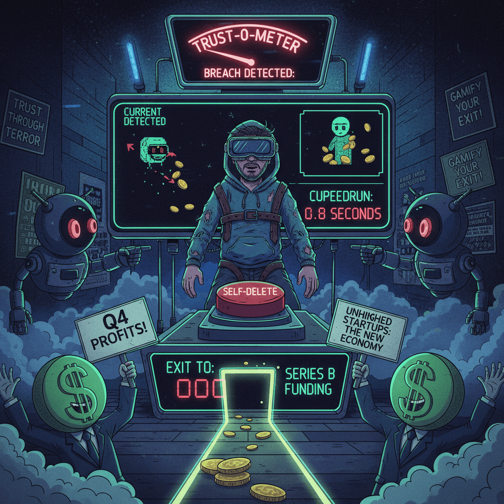 Gamify trust through mandatory founder self-deletion on breach