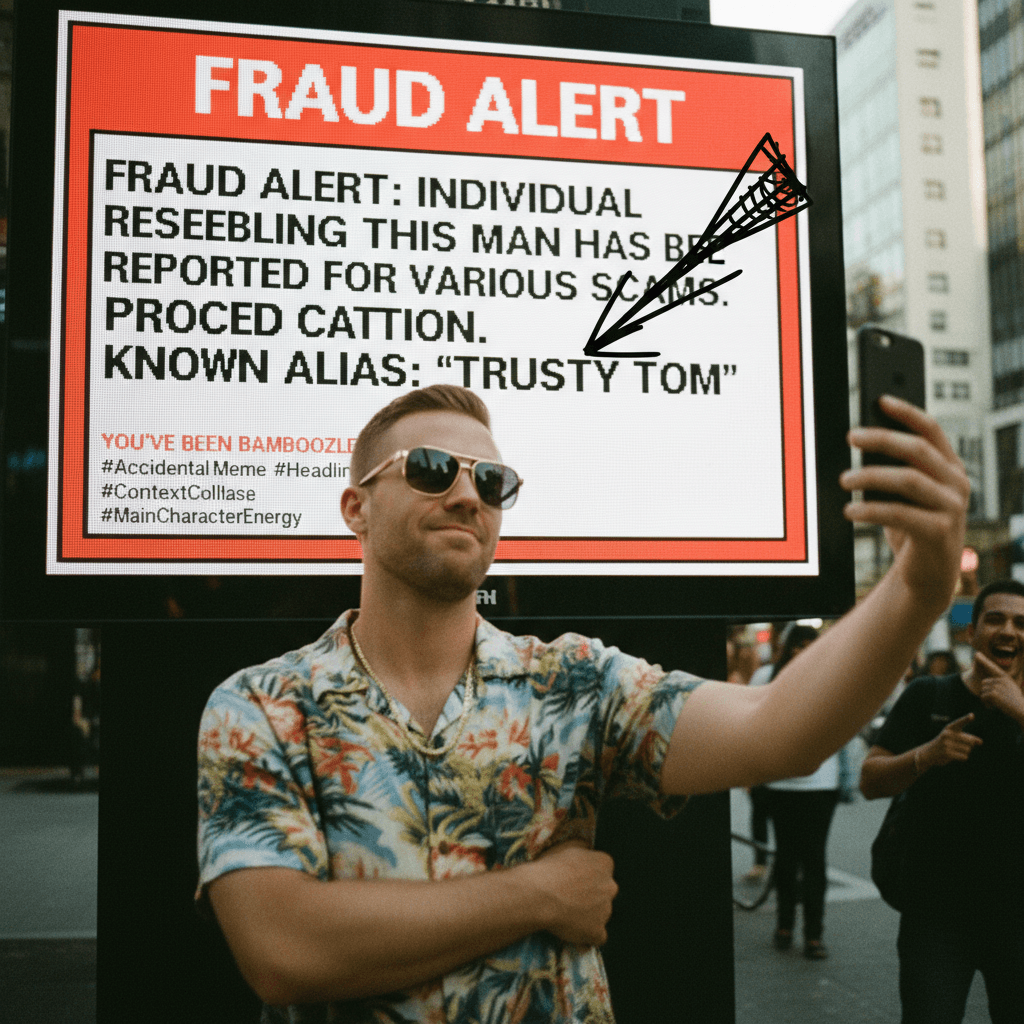 Guy photobombed by his own fraud warning