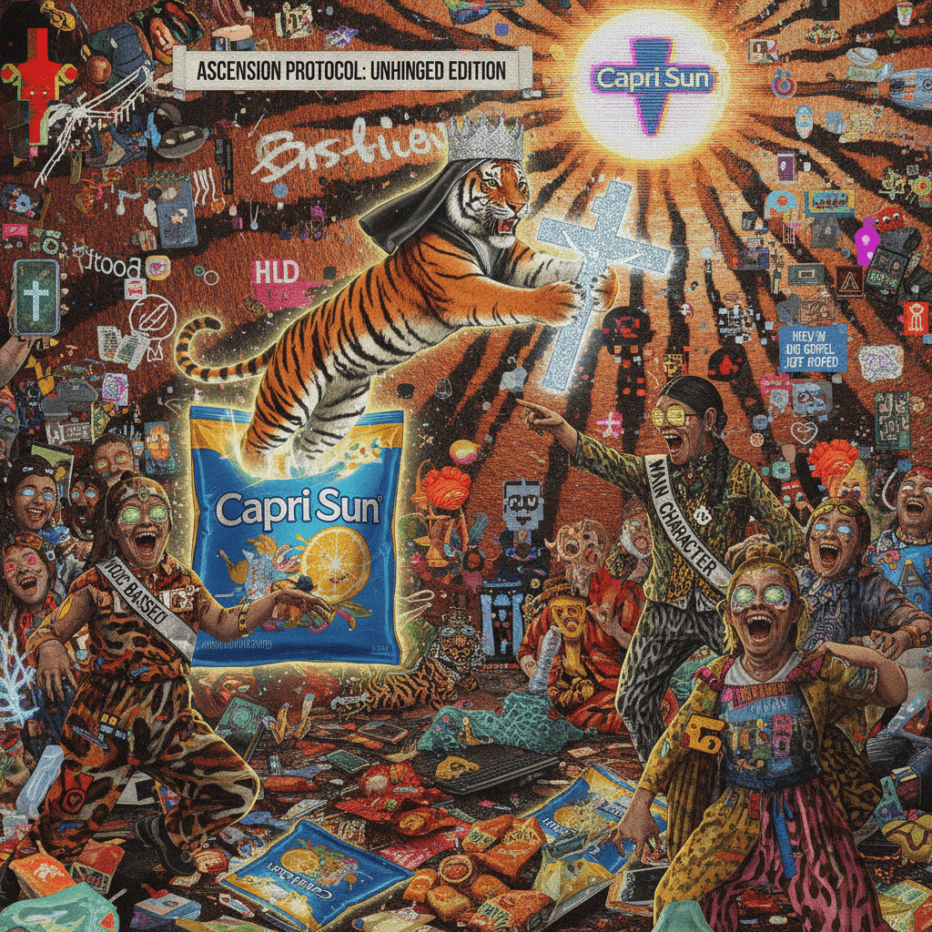 Tiger assault + religious conversion + Capri Sun = peak unhinged