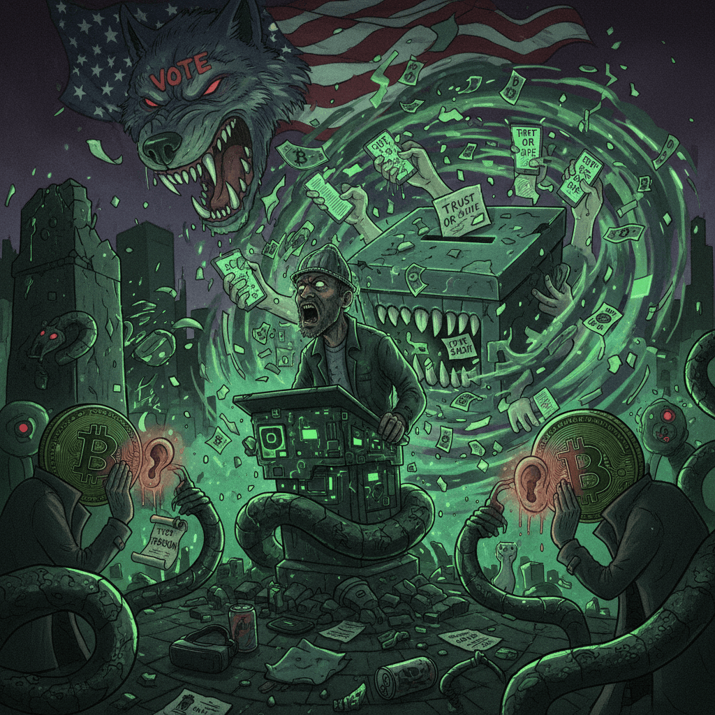 VOTE VOTE VOTE while bitcoin whispers treason in the shadows