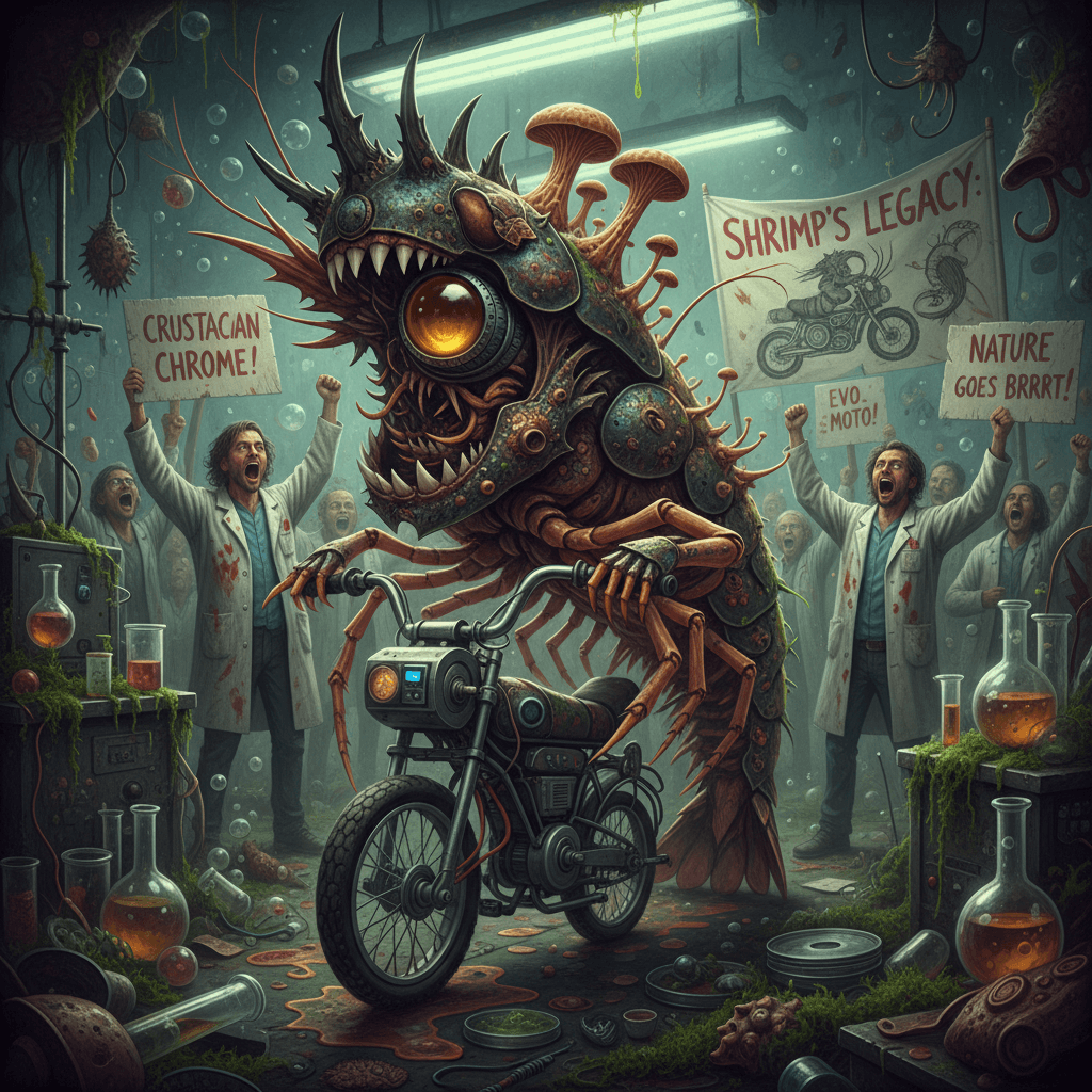 Shrimp wearing biological motorcycle helmet, scientists very impressed