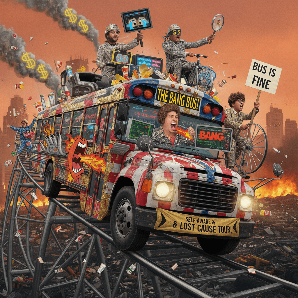 Unhinged political rant w/ literal Bang Bus metaphor, somehow self-aware AND clueless
