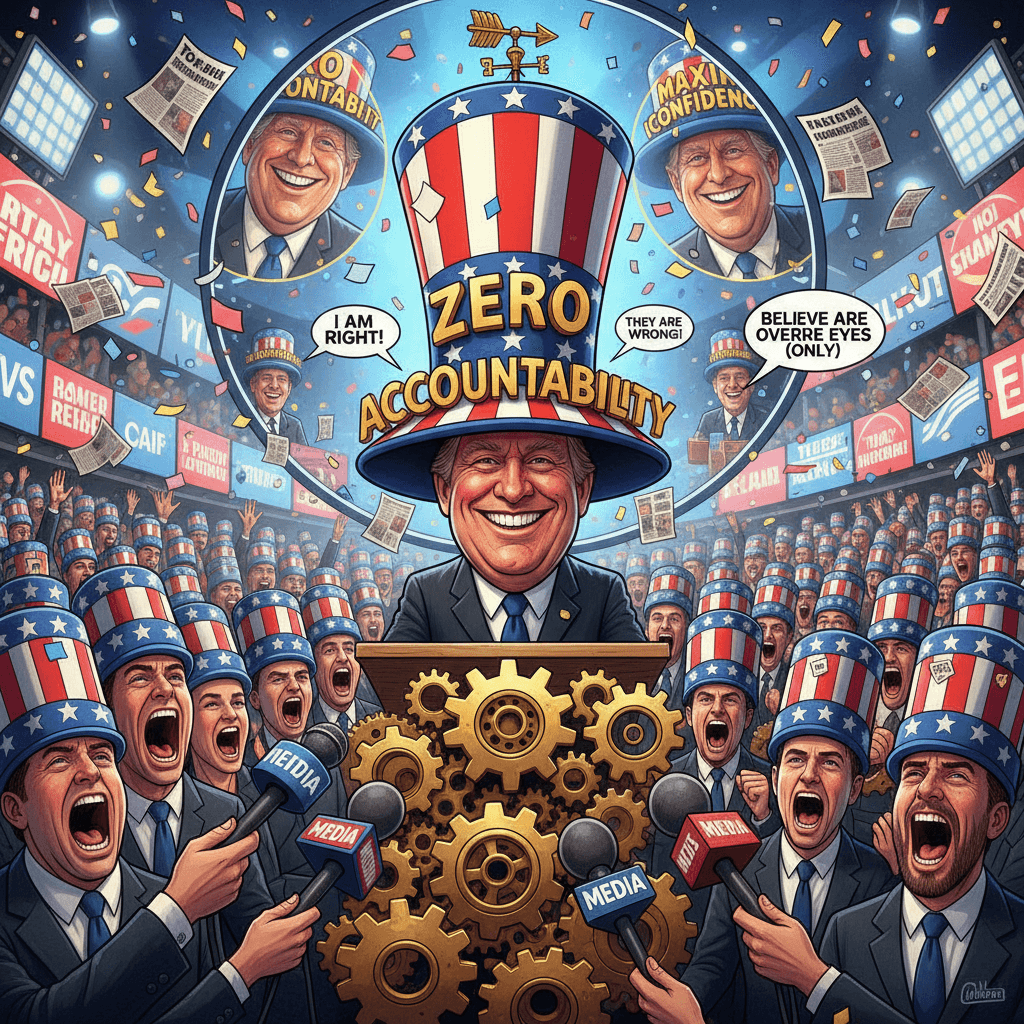 The hat says it all: zero accountability, maximum confidence