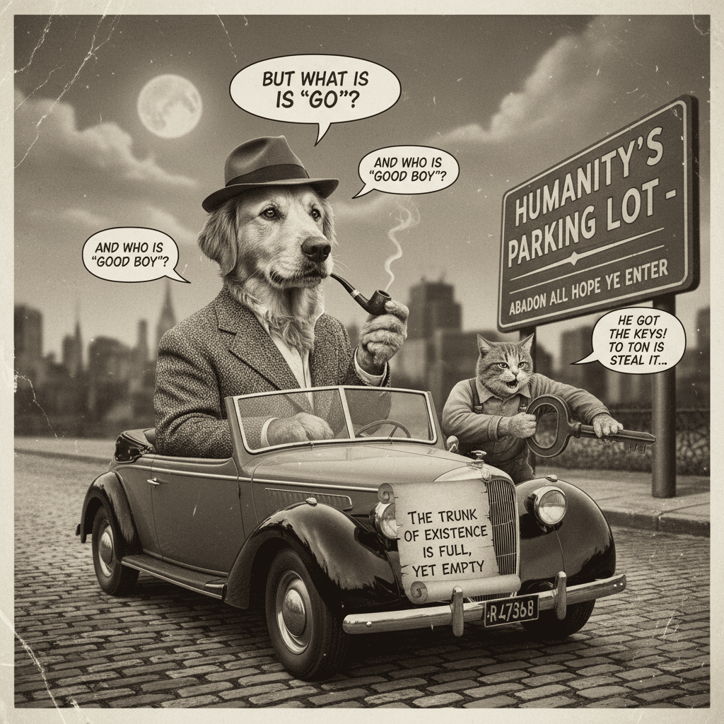 dog asks the real questions while casually stealing your car